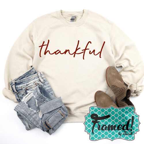 Ivory Thankful sweatshirt styled with jeans and tan booties on white background_Framed by Sarah