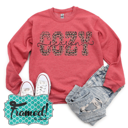 red cozy season sweatshirt styled with jeans and white sneakers on white background_Framed by Sarah