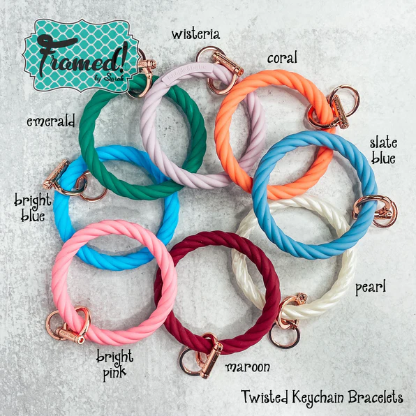 10 rubber keychain bracelets laid out in a rainbow of colors in a overlapping circle Keychain Bracelets in multiple colors- Gifts for Women Under $30