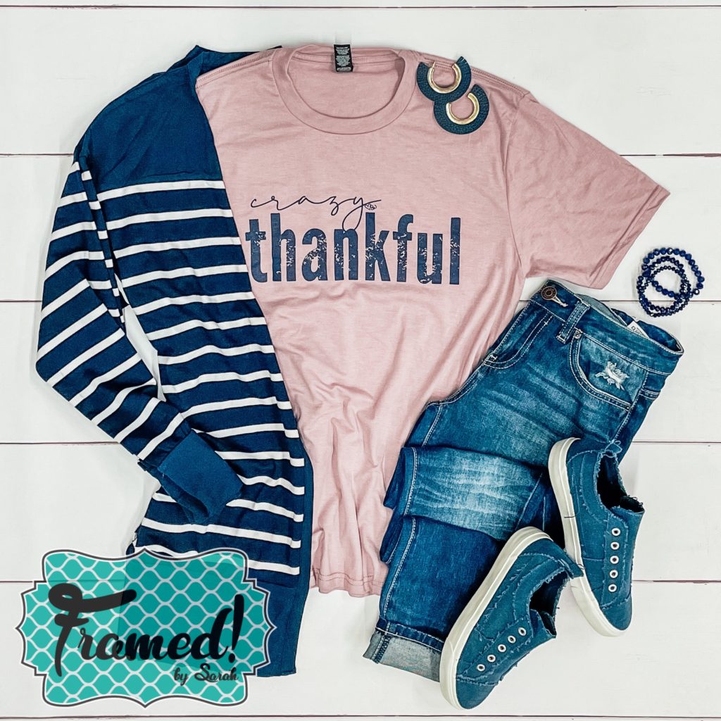 Blue Striped Cadi Crazy Thankful November T-Shirt Club Graphic Tee Framed by Sarah