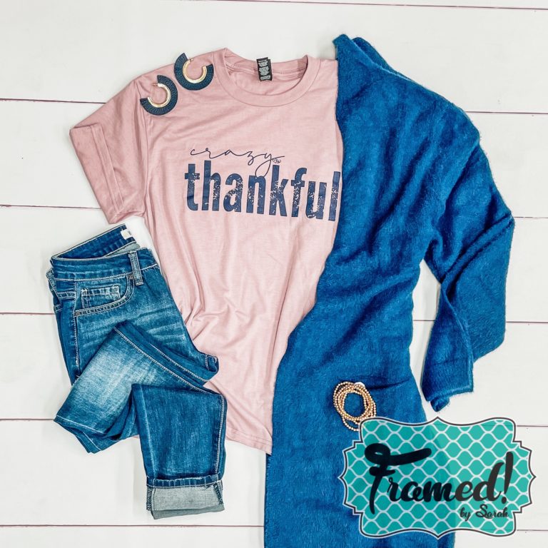 Purple Cardigan with Crazy Thankful November T-Shirt Club Graphic Tee Framed by Sarah