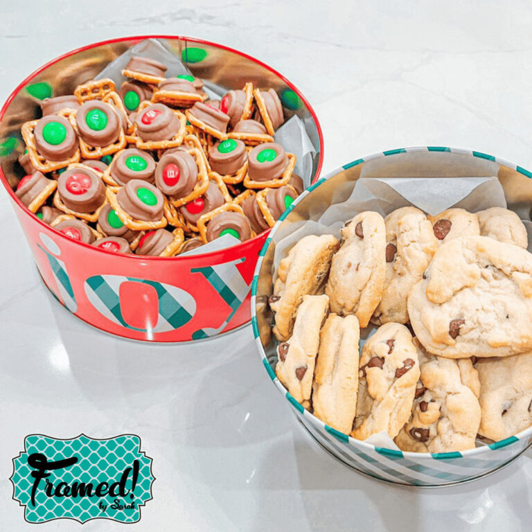 Pretzel Hugs in red Joy tin and chocolate chip cookies in turquoise tin_Framed by Sarah