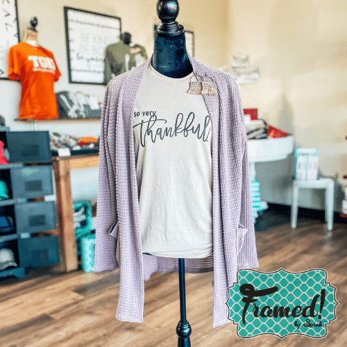 So Very Thankful Tee + Lavender Lola Cardigan styled together