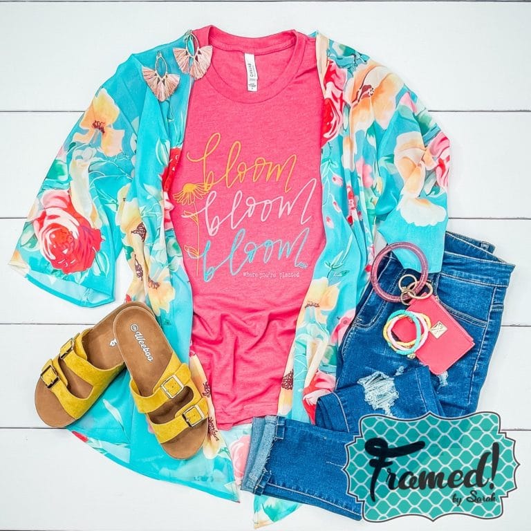 Floral blue and pink Kimono styled with the colorful bloom pink tshirt and yellow sandals