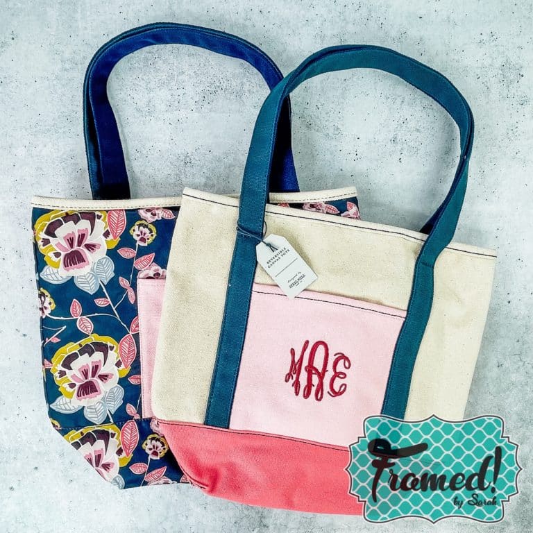 Monogrammed Reversible Canvas Tote one side navy floral the other canvas with a pink pocket and base