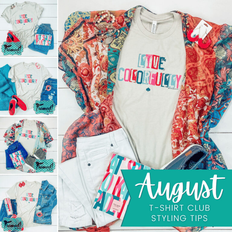 5 Grid square graphic with all 5 ways Sarah styled the Live Colorfully Tee