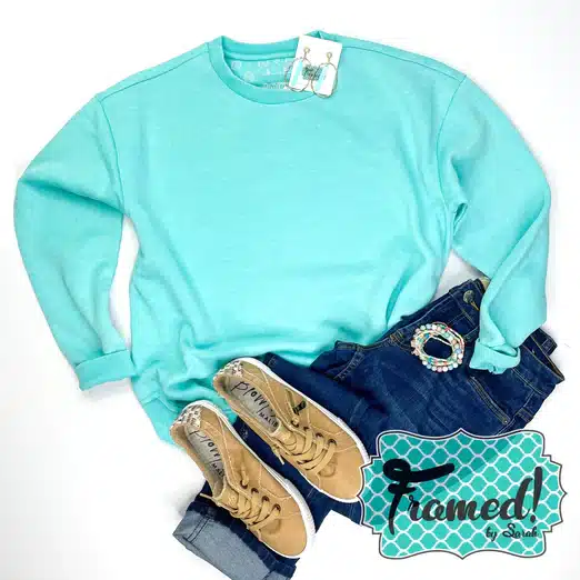 Beach Mint Vintage Wash Fleece Pullover styled with jeans and tan sneakers