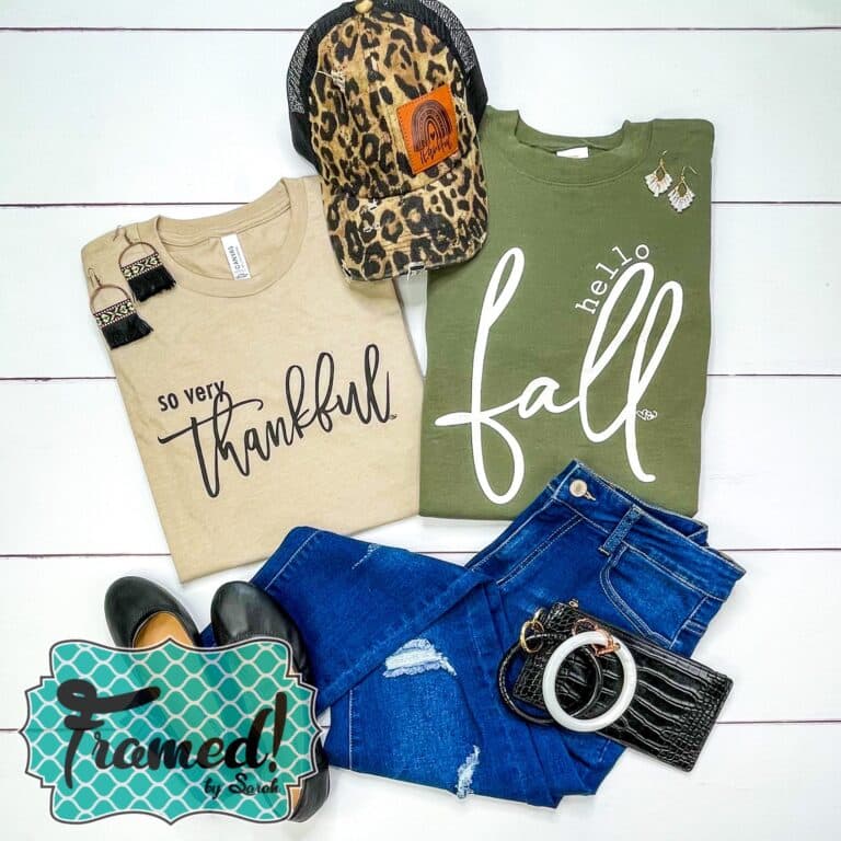 Tan "Oh So Thankful" graphic tshirt styled with a olive green "fall" sweatshirt, leopard print trucker hat, jeans and black accessories