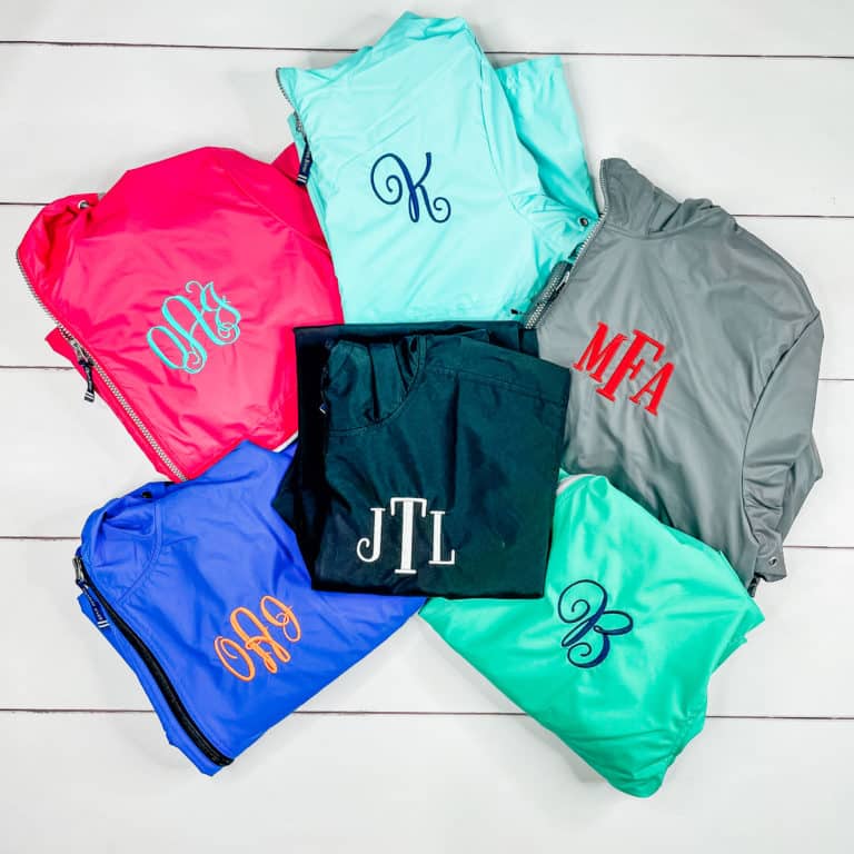 monogrammed Charles River Pullover Rain Jackets on a white background