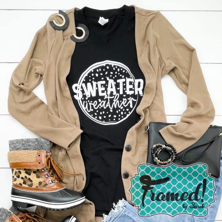 Neutral cardigan styled with the Sweater Weather tshirt