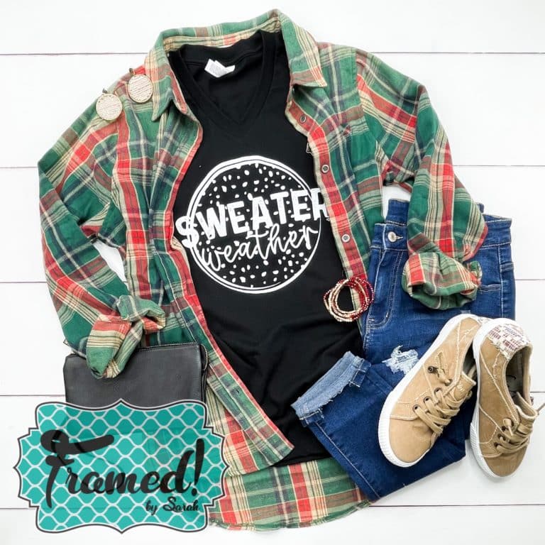 Sweater Weather tshirt styled with plaid shirt and jeans