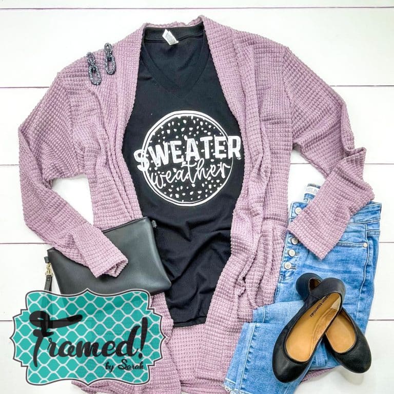 lavender cardigan with the black sweater weather tshirt