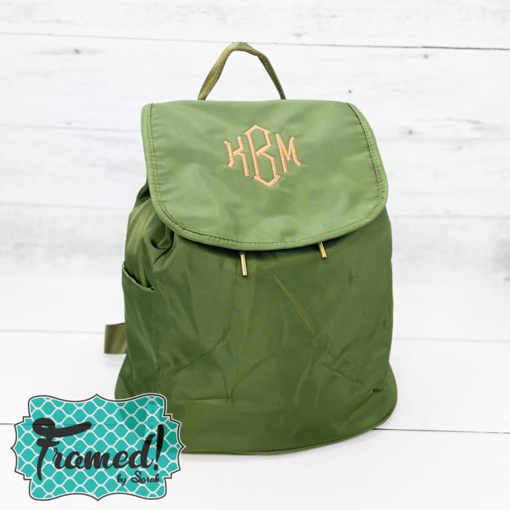 Olive Green Backpack with peach monogram on the top flap
