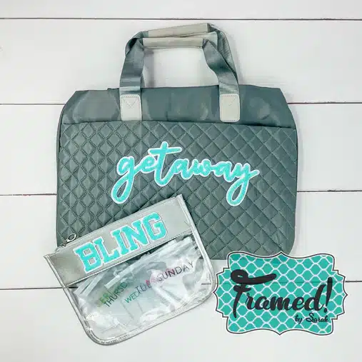 Gray quilted duffle bad with a teal "Getaway" on the front. Clear and gray "bling" cosmetic bag