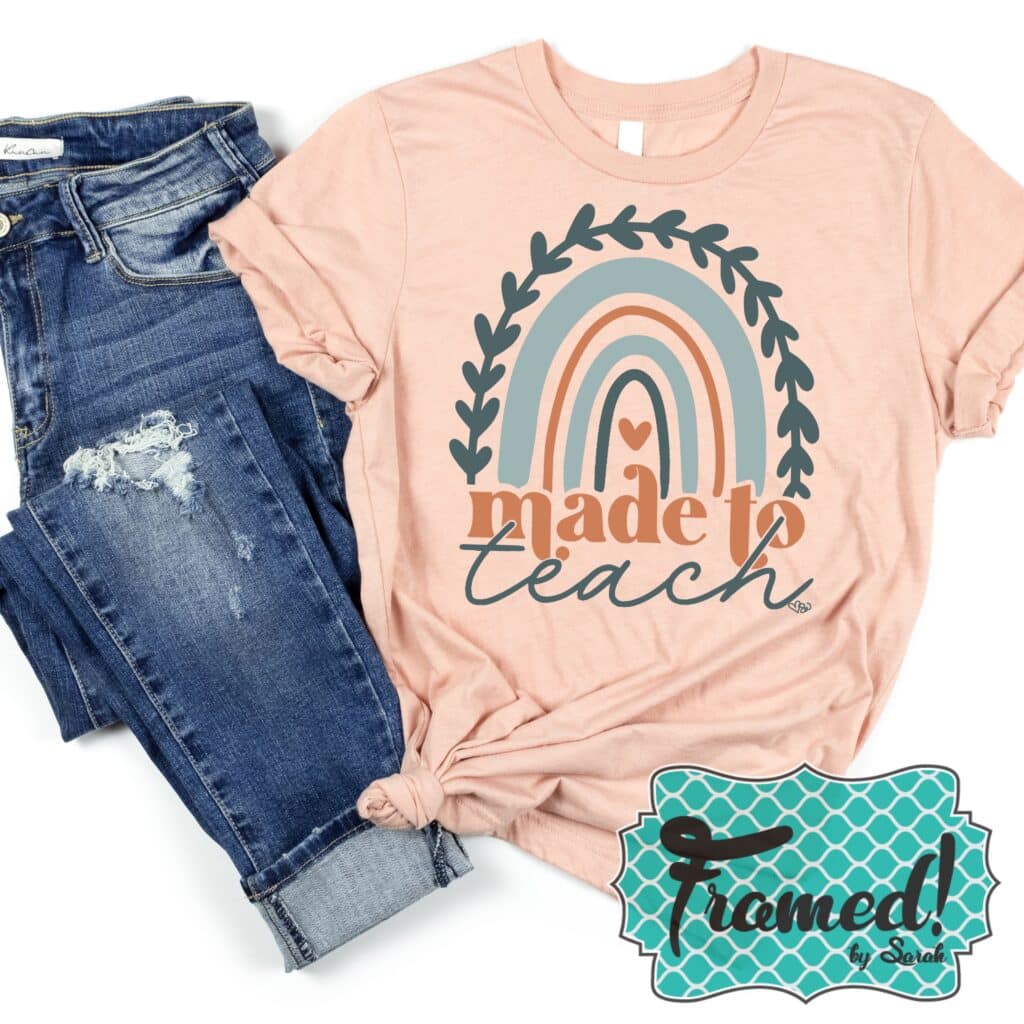 peach rainbow "Made To Teach" tshirt styled with jeans July 2023 Tees 4 Teachers