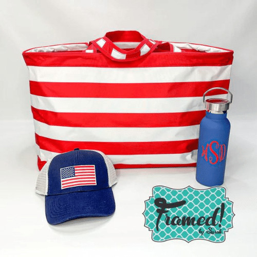 Red Stripe Tote bag with baseball hat and blue water bottle_Fall Sports Mom Survival Guide Framed by Sarah