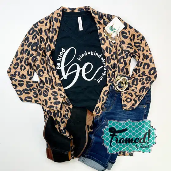 Leopard Print Lola Cardigan styled with Be Kind black tee, gold accessories, black booties