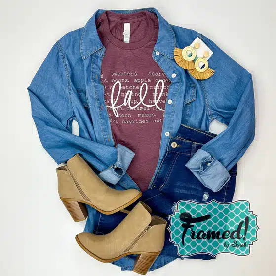 Dakota Denim Top styled with plum fall tee, dark wash denim jeans, tan ankle booties, raffia earrings