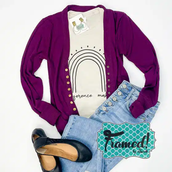 Dark Plum Snap Button Cardigan styled with "difference maker" tee, black ballet flats, gold earrings, jeans