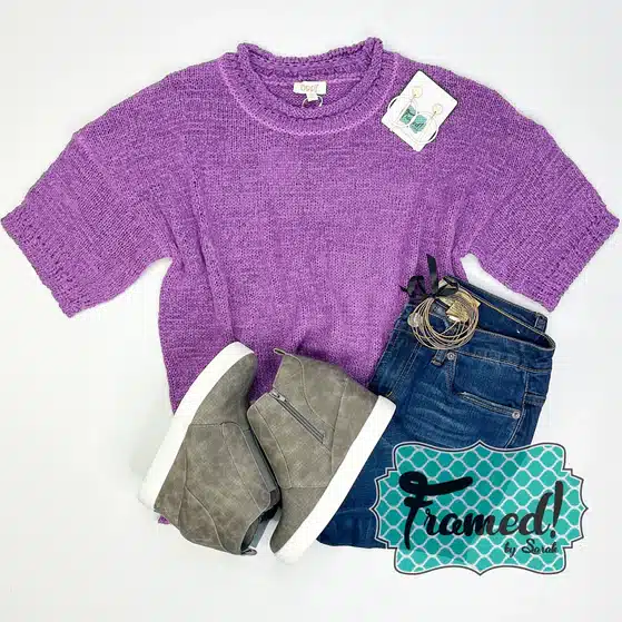 Eggplant Summer Sweater styled with dark wash jeans and gray shoes and accessories