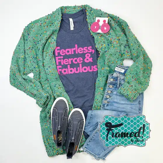 Teal Confetti Cardigan Styled with Fearless, Fierce & Fabulous Tee, got pink earrings, jeans, and blue canvas sneakers