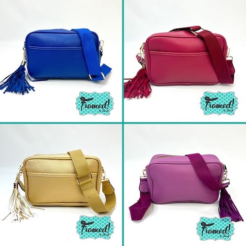 4 colors of crossbody bags - blue, burgundy, purple, gold