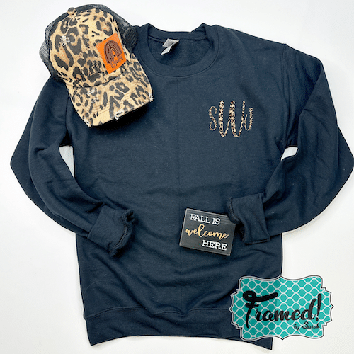 Leopard Monogrammed black sweatshirt with leopard baseball hat and block sign