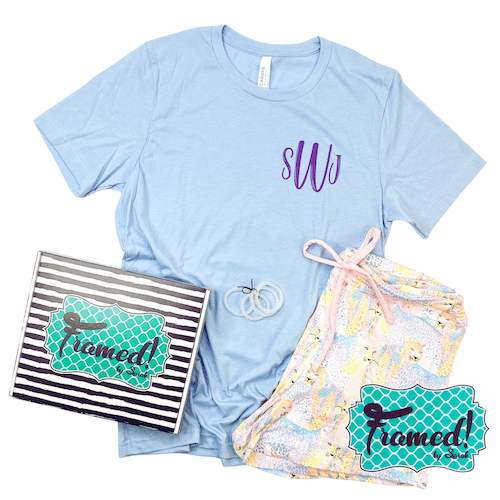 Pastel Cheetah PJ Shorts, blue monogrammed tee, and gift box