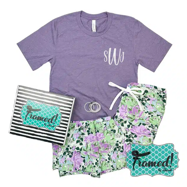 Purple Sage Succulents Pajama pants with purple monogram tee and gift box