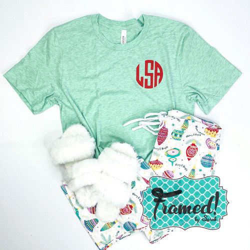 Mint Holiday Monogrammed T-Shirt with Pajama pants and white slippers