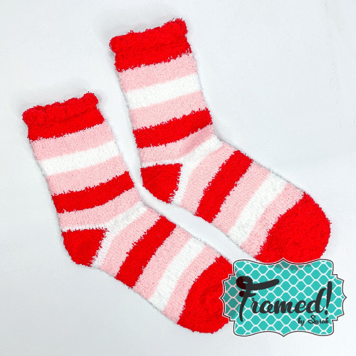 red, pink, and white striped Fuzzy Socks