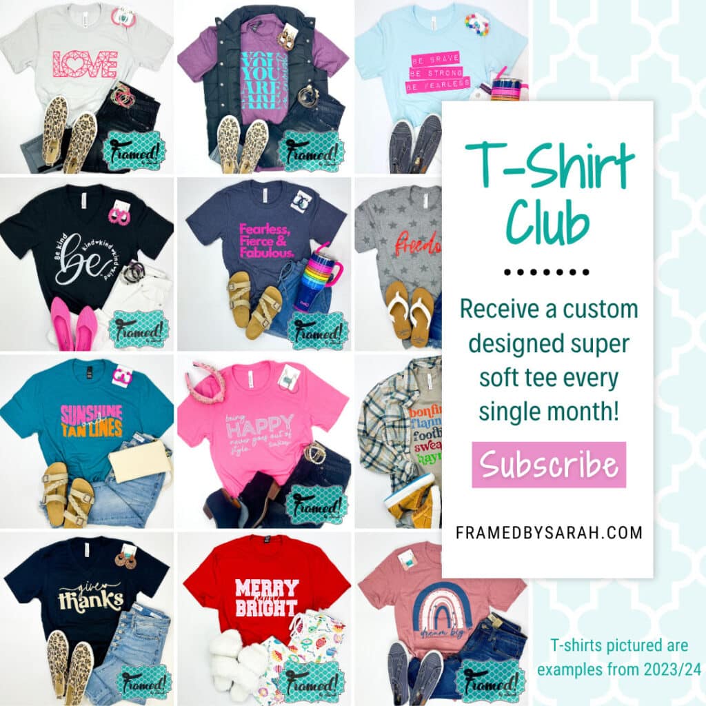 12 image grid of past t-shirt club graphic tees