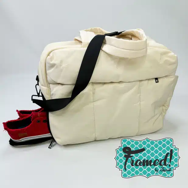 Travel Duffel Bag in Beige with red shoes