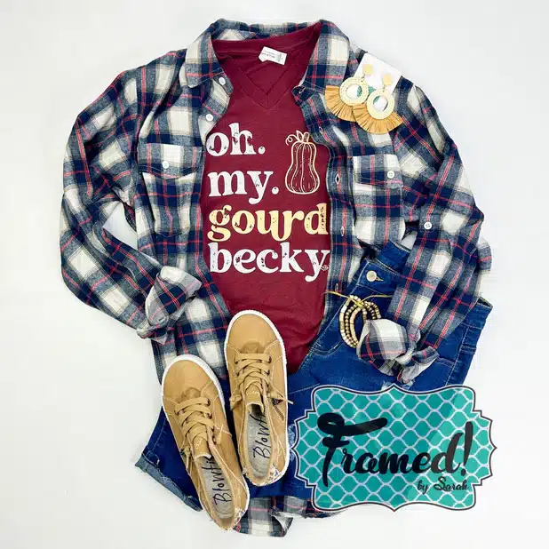 Red & Navy Long Sleeve Flannel styled with red and navy flannel overshirt, tan sneakers, jeans, and tan accessories