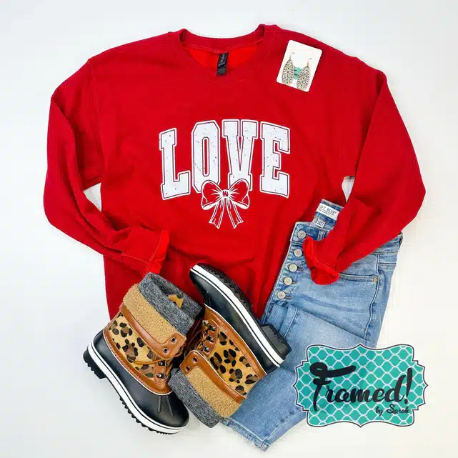 Red sweatshirt with LOVE and bow in white