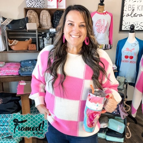 Sarah in Pink & Ivory Checkered Sweater + Pink Raffia Earrings + Dreamsicle Swig