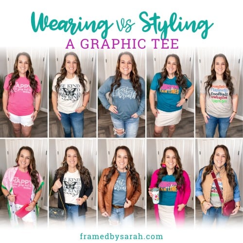 Wearing vs styling a graphic tee. 5 before and after photos of Sarah Williams in graphic tee outfits