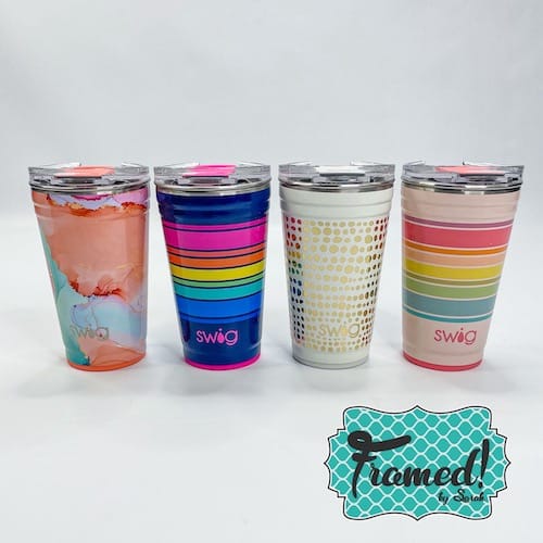 row of 4 Swig Party Cups in multiple prints