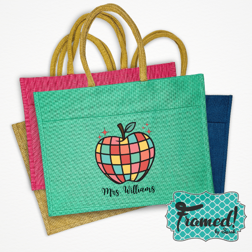 stack of colorful jute totes. Top tote is green with a check block apple and monogram "ms williams"