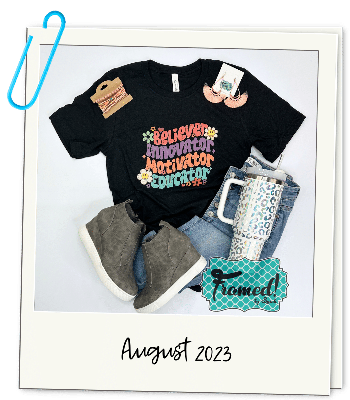 polaroid graphic with August 2023 black "believer, innovator, motivator, educator" graphic tee for teachers