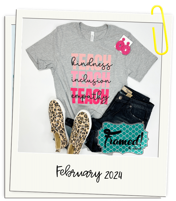 polaroid graphic with February 2024 gray "Teach kindness, inclusion, empathy" graphic tee for teachers