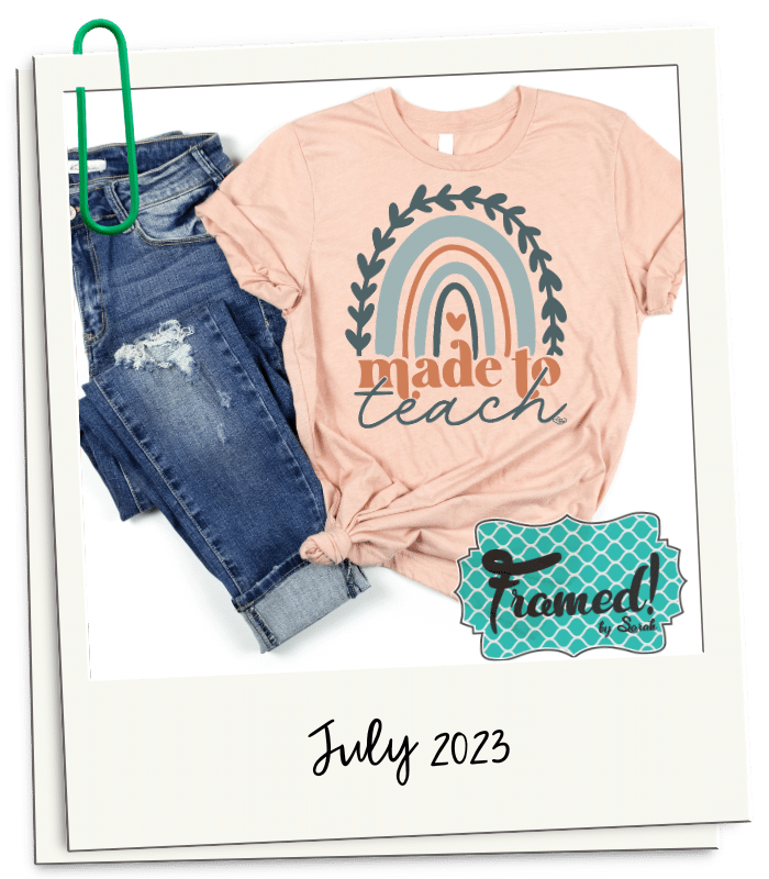 polaroid graphic with July 2023 peach made to teach graphic tee